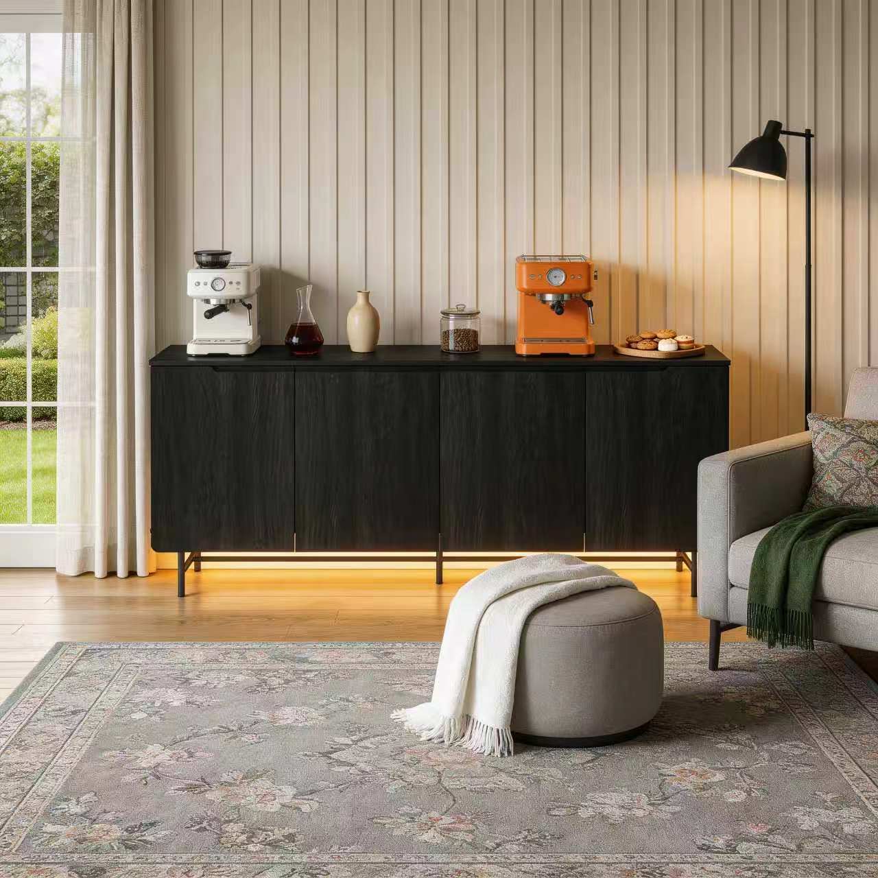 Office Furniture Credenza - 68インチ大型溝付きサイドボードキャビネット、木製ハンドルレスクレデンツァ、モダンコンソールテーブル、エグゼクティブオフィス、ダイニングルーム収納用
