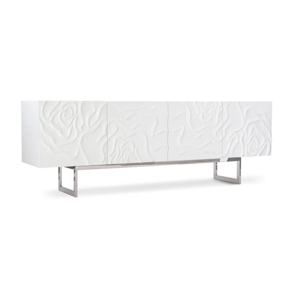 Office Furniture Credenza - モダンなリビングルーム家具、白いバラのエンボス加工収納キャビネット、カスタマイズ可能な芸術的なテレビ台クレデンザ（家庭およびオフィス用）