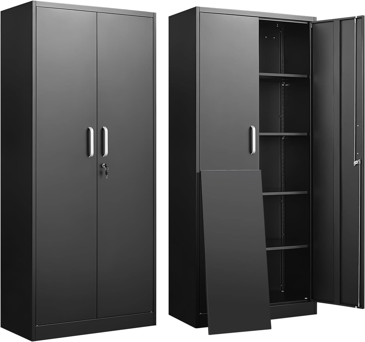 Office Furniture Used - 調節可能な棚付き金属製収納キャビネット ドアと棚付きの黒いガレージキャビネット ホームオフィス用の大容量ファイルラック 背の高いキッチンパントリーロッカー ユーティリティ収納オーガナイザー