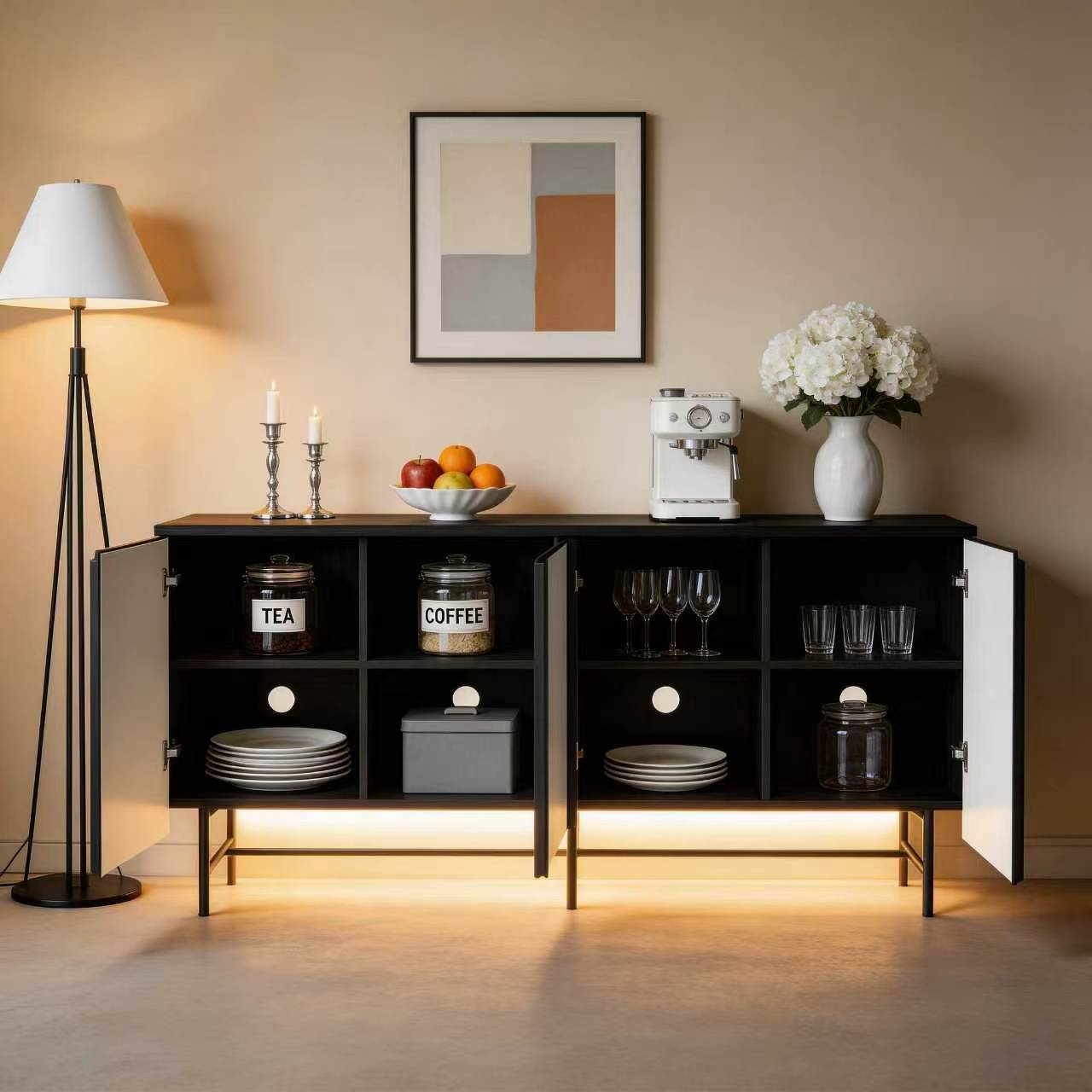 68インチ大型溝付きサイドボードキャビネット、木製ハンドルレ - Office Furniture Credenza のレビューと価格