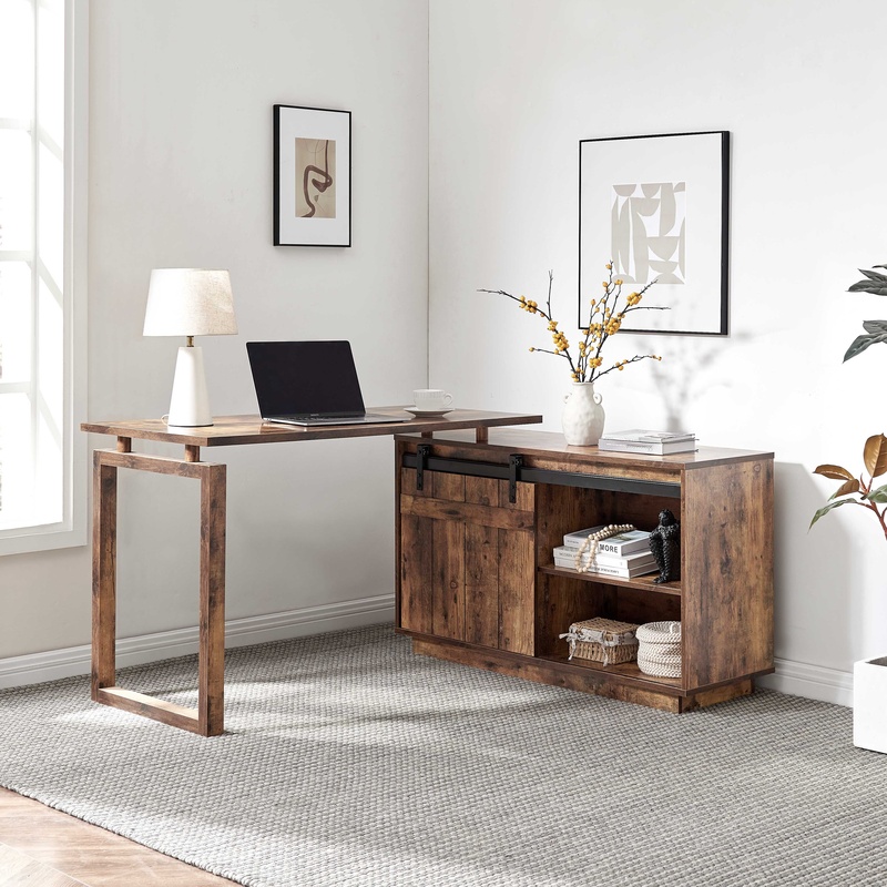 L字型デスク、クレデンザ収納付き、スライド式納屋戸、リバーシ - Office Furniture Credenza のレビューと価格