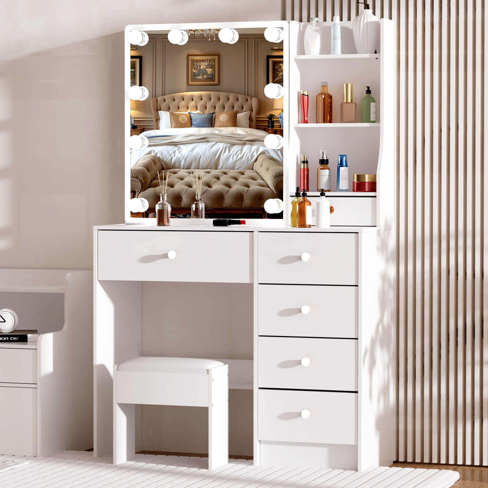モダンな白い化粧台、LEDライト付きミラー、6つの収納引き出 - Office Furniture Credenza のレビューと価格